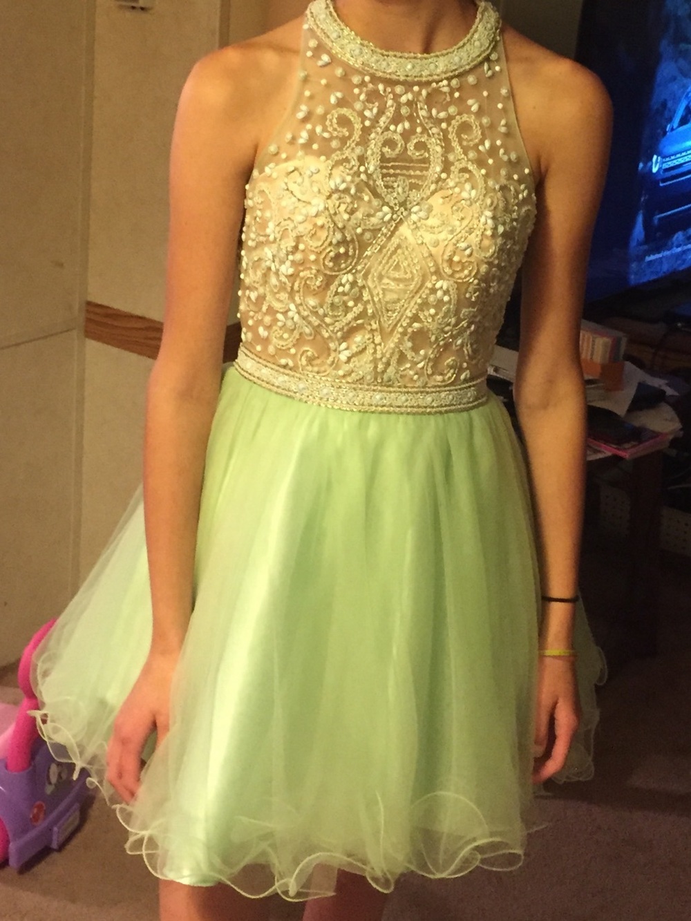 Embellished Halter Neck Light Green Party Dress
